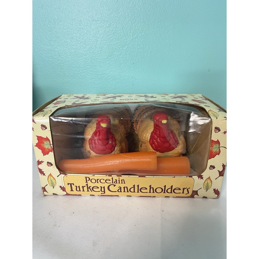 Russ Vintage Pair of Porcelain Thanksgiving‎ Turkey Candleholders Bin-Z